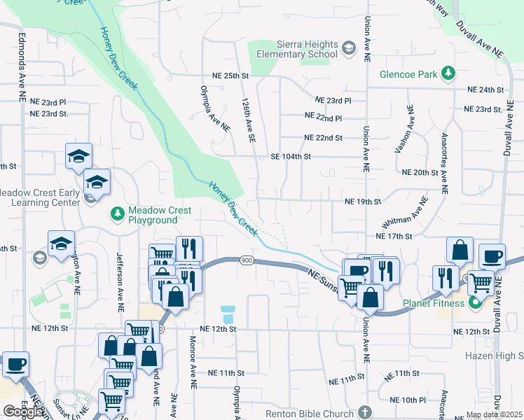 map of restaurants, bars, coffee shops, grocery stores, and more near 1808 Pierce Avenue Northeast in Renton