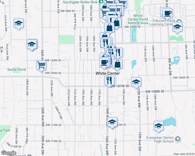 map of restaurants, bars, coffee shops, grocery stores, and more near 10617 17th Avenue Southwest in Seattle