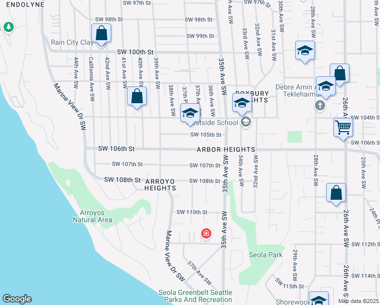 map of restaurants, bars, coffee shops, grocery stores, and more near 3719 Southwest 106th Street in Seattle