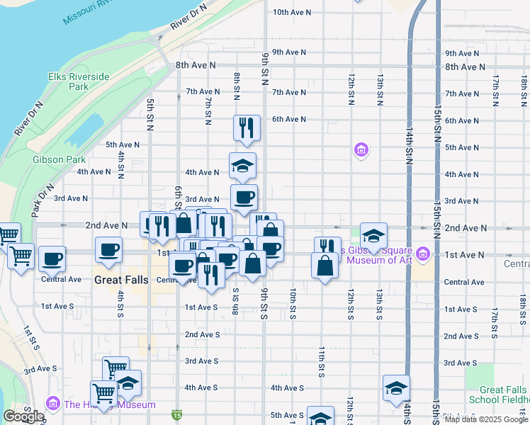 map of restaurants, bars, coffee shops, grocery stores, and more near 210 9th Street North in Great Falls