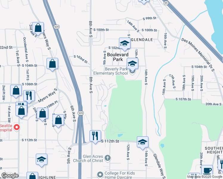 map of restaurants, bars, coffee shops, grocery stores, and more near 10716 Glen Acres Drive South in Seattle