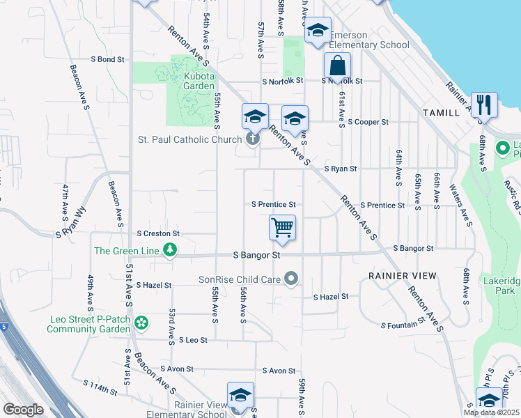 map of restaurants, bars, coffee shops, grocery stores, and more near 5621 South Prentice Street in Seattle