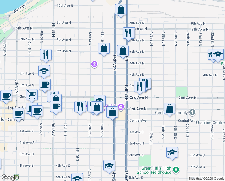 map of restaurants, bars, coffee shops, grocery stores, and more near 212 14th Street North in Great Falls