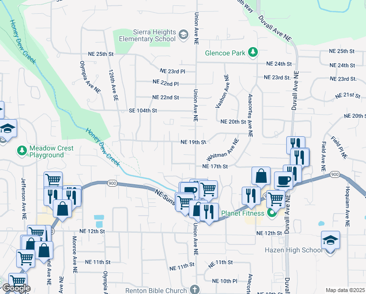 map of restaurants, bars, coffee shops, grocery stores, and more near 3919 Northeast 19th Street in Renton
