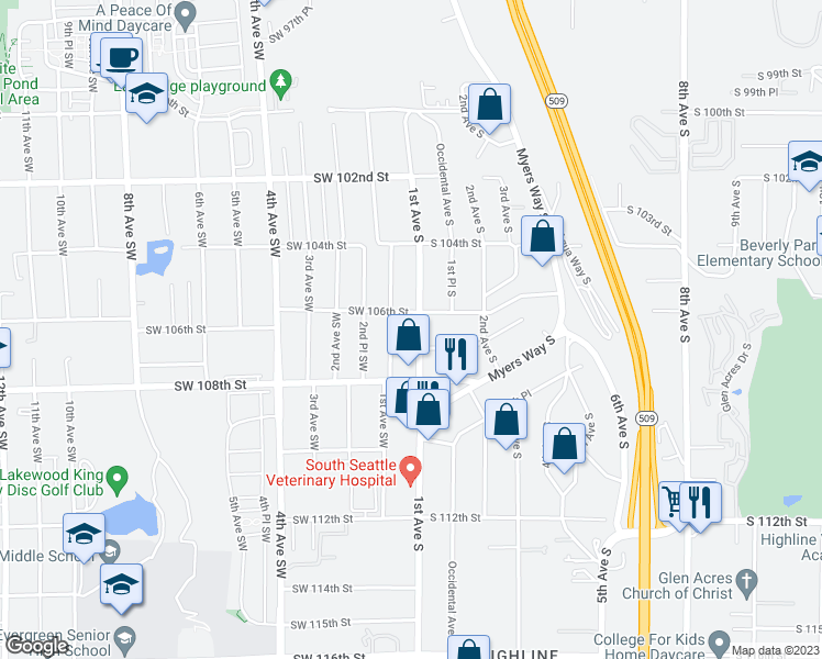 map of restaurants, bars, coffee shops, grocery stores, and more near 10615 1st Avenue South in Seattle