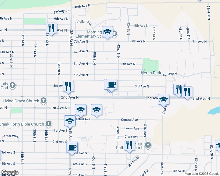 map of restaurants, bars, coffee shops, grocery stores, and more near 4116 3rd Avenue North in Great Falls