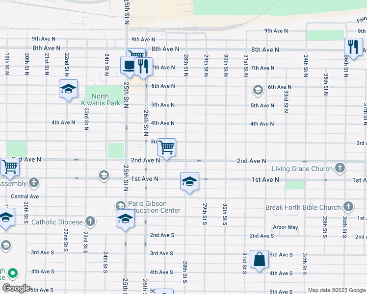 map of restaurants, bars, coffee shops, grocery stores, and more near 2720 3rd Avenue North in Great Falls