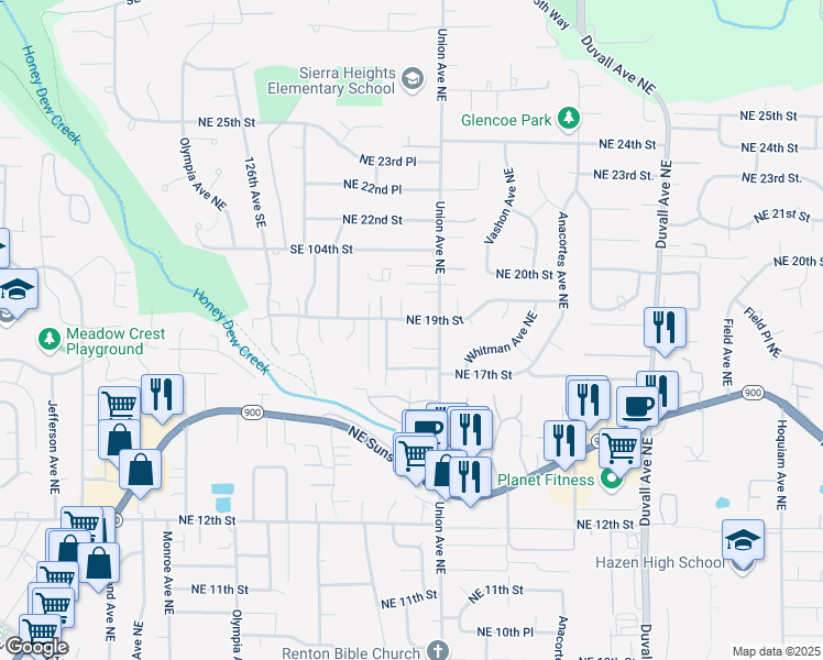 map of restaurants, bars, coffee shops, grocery stores, and more near 3919 Northeast 19th Street in Renton