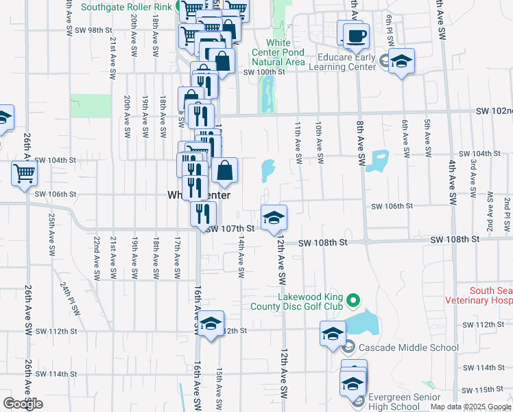 map of restaurants, bars, coffee shops, grocery stores, and more near 1400 Southwest 107th Street in Seattle