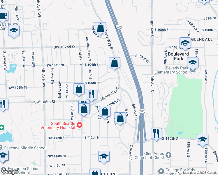 map of restaurants, bars, coffee shops, grocery stores, and more near 235 South 107th Street in Seattle