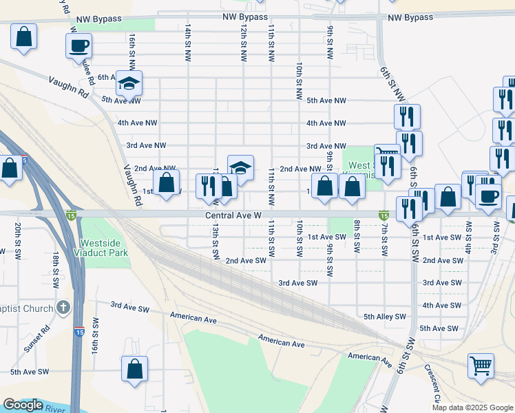 map of restaurants, bars, coffee shops, grocery stores, and more near 1113 Central Avenue West in Great Falls