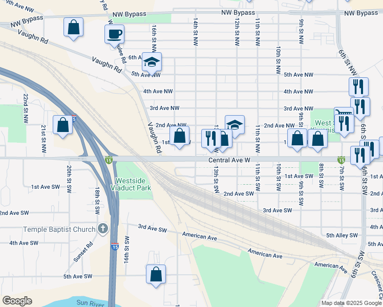 map of restaurants, bars, coffee shops, grocery stores, and more near 1419 Central Avenue West in Great Falls