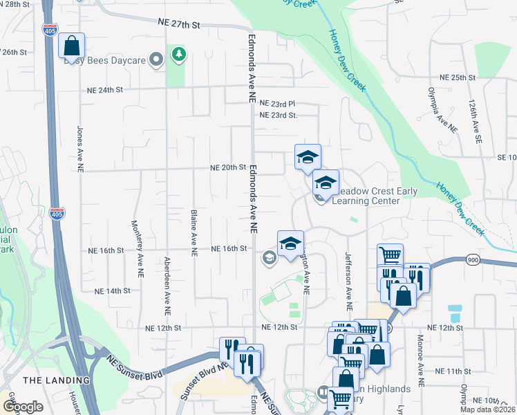 map of restaurants, bars, coffee shops, grocery stores, and more near 2508 Northeast 18th Street in Renton