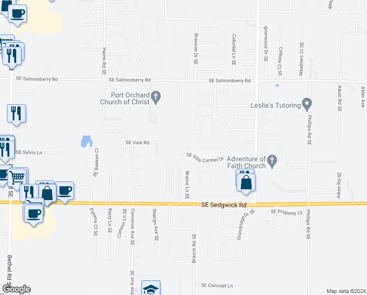 map of restaurants, bars, coffee shops, grocery stores, and more near 2959 Pancho Villa Place Southeast in Port Orchard
