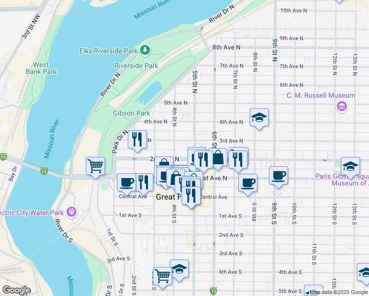 map of restaurants, bars, coffee shops, grocery stores, and more near 415 2nd Avenue North in Great Falls