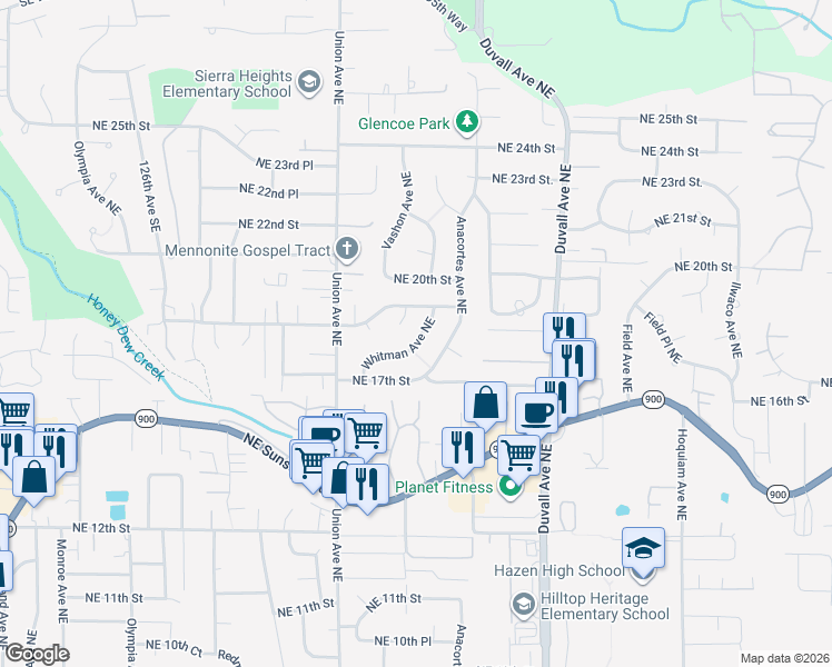 map of restaurants, bars, coffee shops, grocery stores, and more near 1809 Whitman Avenue Northeast in Renton