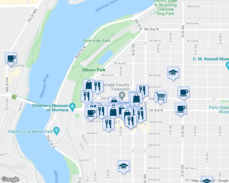 map of restaurants, bars, coffee shops, grocery stores, and more near 314 3rd Avenue North in Great Falls