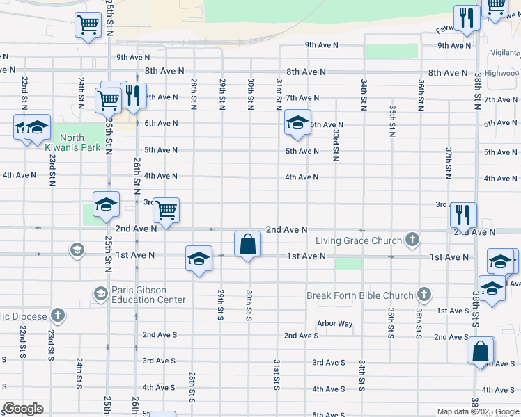map of restaurants, bars, coffee shops, grocery stores, and more near 212 30th Street North in Great Falls