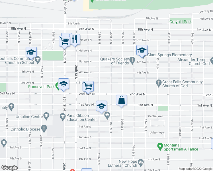 map of restaurants, bars, coffee shops, grocery stores, and more near 2816 3rd Avenue North in Great Falls
