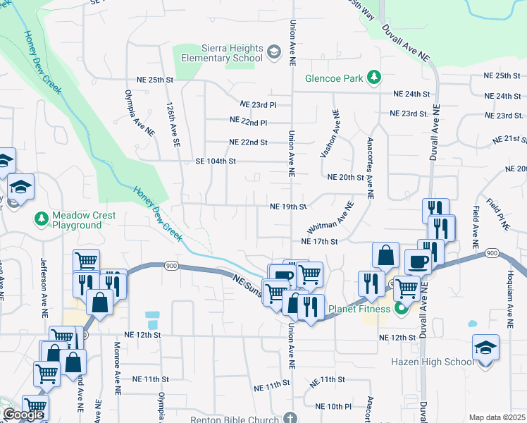 map of restaurants, bars, coffee shops, grocery stores, and more near 3919 Northeast 19th Street in Renton
