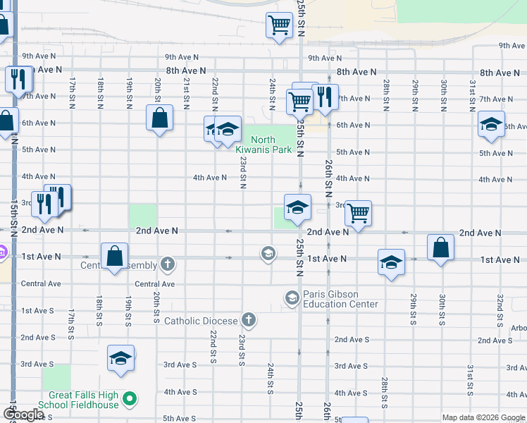 map of restaurants, bars, coffee shops, grocery stores, and more near 2308 3rd Avenue Southwest in Great Falls