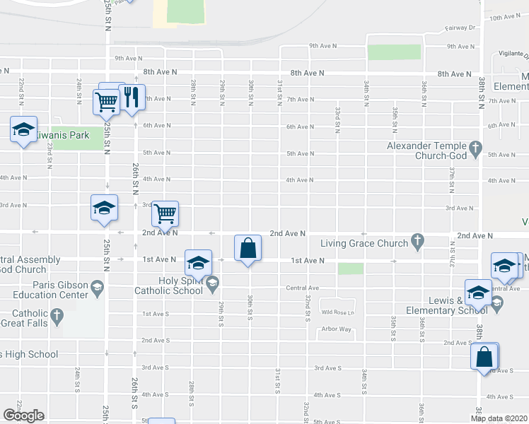 map of restaurants, bars, coffee shops, grocery stores, and more near 3012 3rd Avenue North in Great Falls