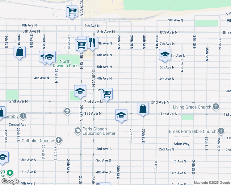 map of restaurants, bars, coffee shops, grocery stores, and more near 2720 3rd Avenue North in Great Falls