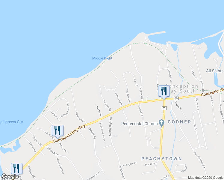 map of restaurants, bars, coffee shops, grocery stores, and more near 7 Lincoln Place in Conception Bay South