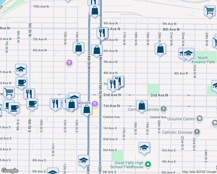 map of restaurants, bars, coffee shops, grocery stores, and more near 1520 3rd Avenue North in Great Falls
