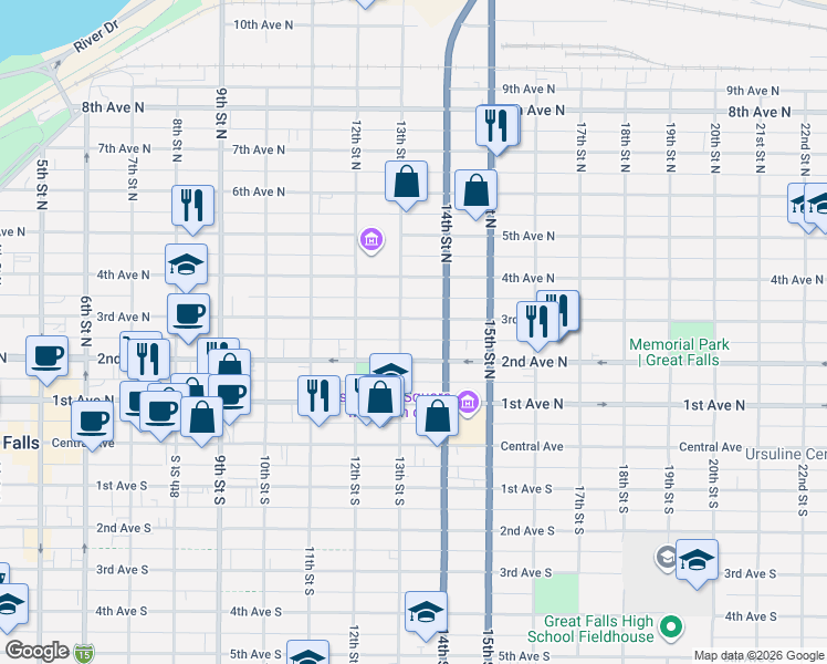 map of restaurants, bars, coffee shops, grocery stores, and more near 211 13th Street North in Great Falls