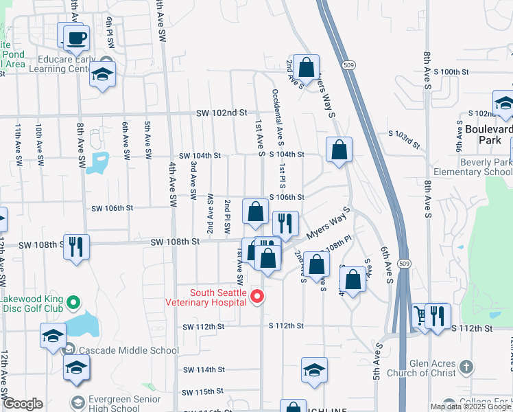 map of restaurants, bars, coffee shops, grocery stores, and more near 10615 1st Avenue South in Seattle