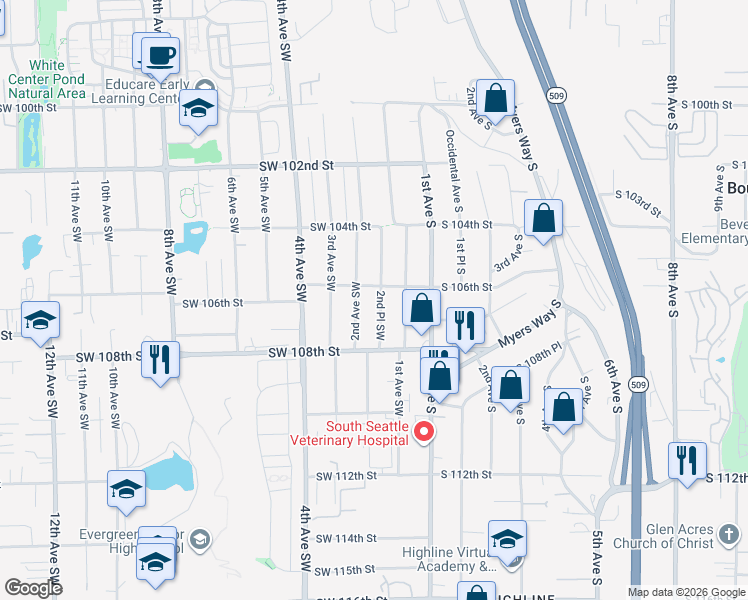 map of restaurants, bars, coffee shops, grocery stores, and more near 10618 2nd Place Southwest in Seattle