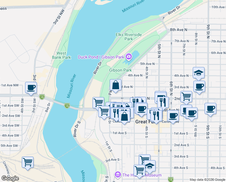 map of restaurants, bars, coffee shops, grocery stores, and more near 209 Park Drive North in Great Falls