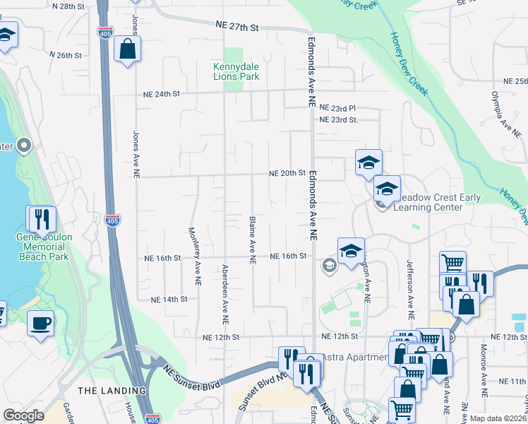 map of restaurants, bars, coffee shops, grocery stores, and more near 2399 Northeast 18th Street in Renton