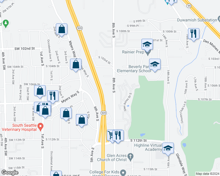 map of restaurants, bars, coffee shops, grocery stores, and more near 10475 8th Avenue South in Seattle