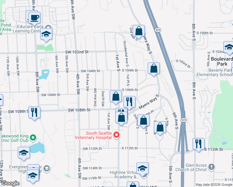 map of restaurants, bars, coffee shops, grocery stores, and more near 10615 1st Avenue South in Seattle