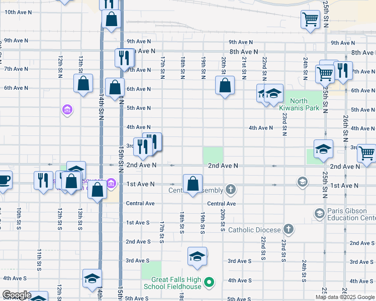 map of restaurants, bars, coffee shops, grocery stores, and more near 1804 3rd Avenue North in Great Falls