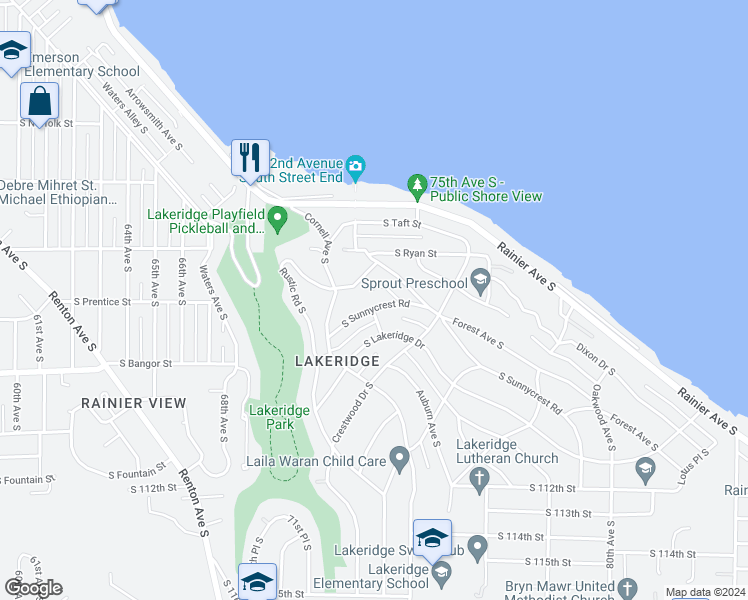 map of restaurants, bars, coffee shops, grocery stores, and more near 7150 South Sunnycrest Road in Seattle