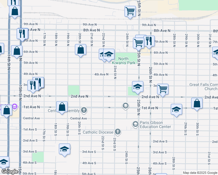 map of restaurants, bars, coffee shops, grocery stores, and more near 2212 3rd Avenue North in Great Falls
