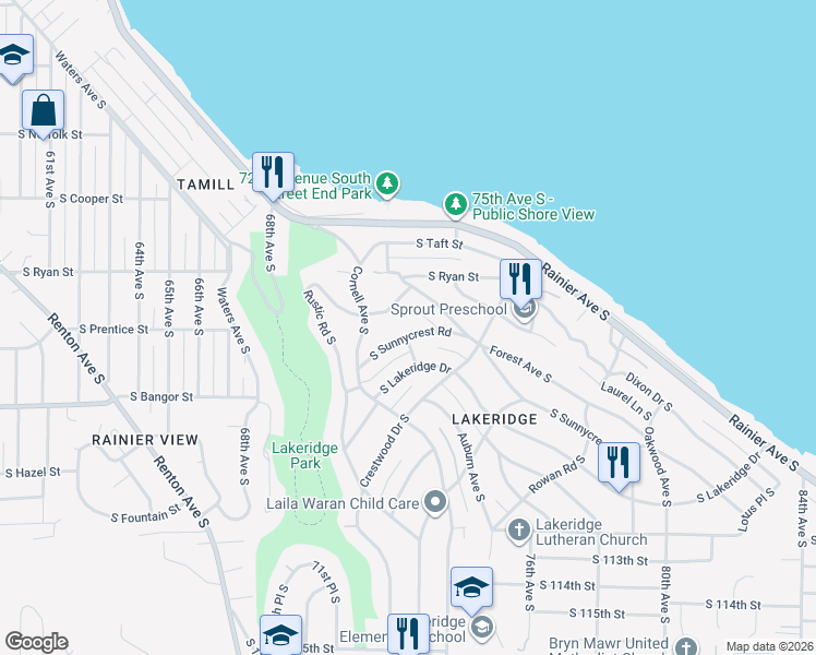 map of restaurants, bars, coffee shops, grocery stores, and more near 7215 South Sunnycrest Road in Seattle