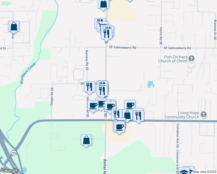 map of restaurants, bars, coffee shops, grocery stores, and more near 1653 Southeast Sylvis Lane in Port Orchard