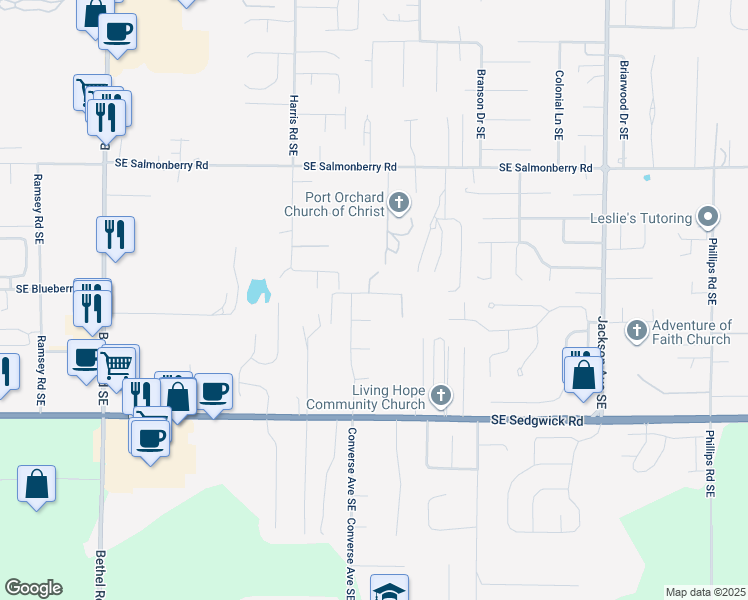 map of restaurants, bars, coffee shops, grocery stores, and more near 2513 Converse Avenue Southeast in Port Orchard