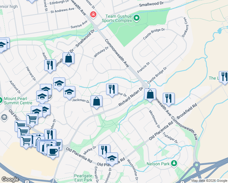map of restaurants, bars, coffee shops, grocery stores, and more near Barbour Drive in Mount Pearl
