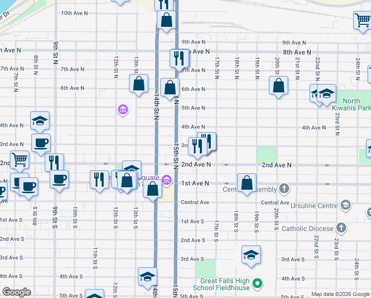 map of restaurants, bars, coffee shops, grocery stores, and more near 1520 3rd Ave N in Great Falls