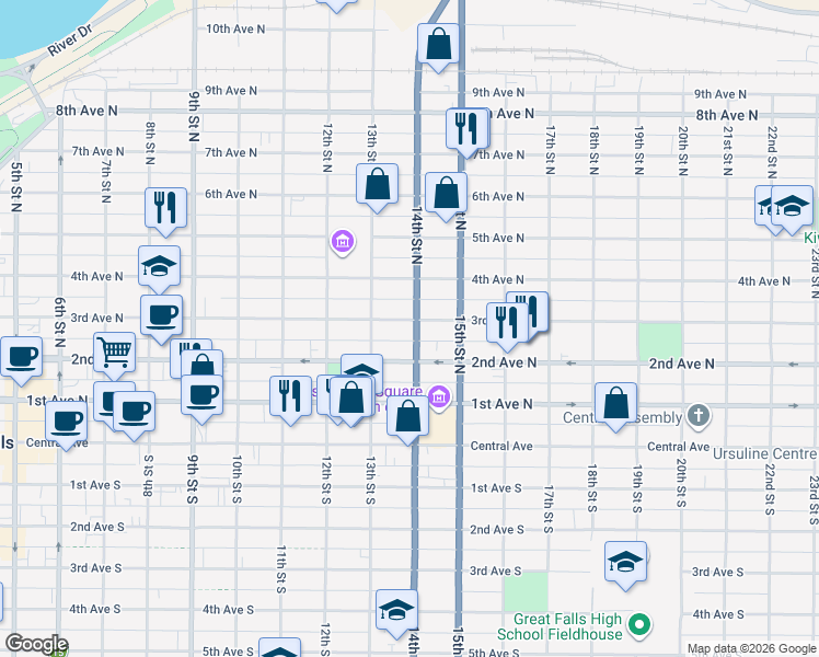 map of restaurants, bars, coffee shops, grocery stores, and more near 212 14th Street North in Great Falls