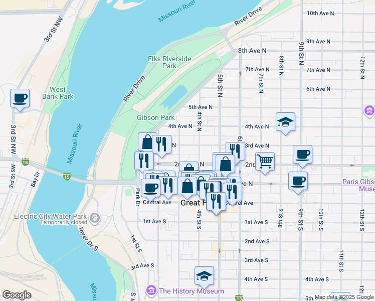 map of restaurants, bars, coffee shops, grocery stores, and more near 314 3rd Avenue North in Great Falls