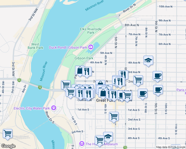 map of restaurants, bars, coffee shops, grocery stores, and more near 219 2nd Ave N in Great Falls