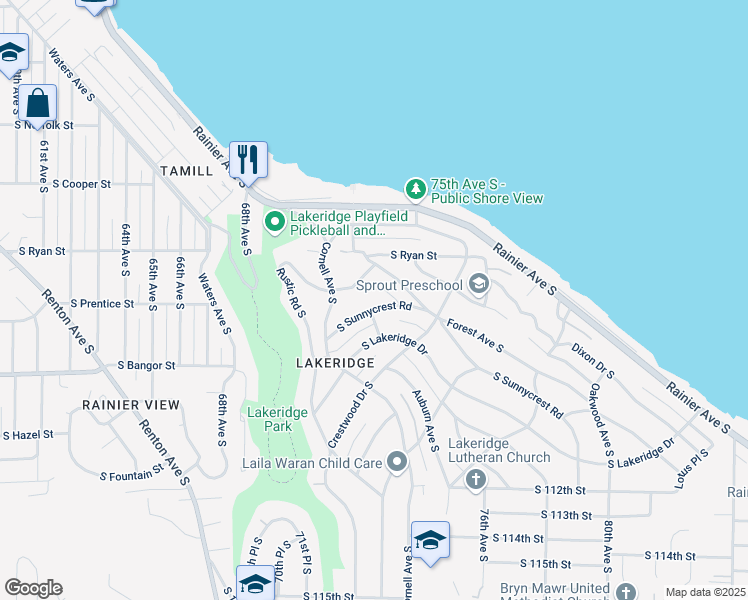 map of restaurants, bars, coffee shops, grocery stores, and more near 7215 South Sunnycrest Road in Seattle