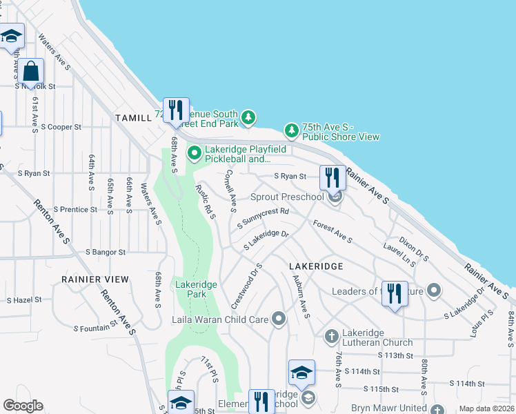 map of restaurants, bars, coffee shops, grocery stores, and more near 7215 South Sunnycrest Road in Seattle