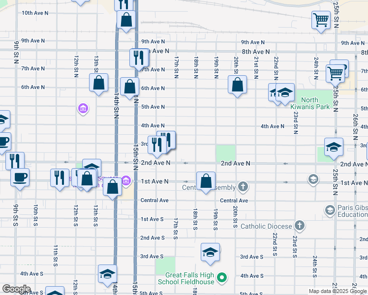 map of restaurants, bars, coffee shops, grocery stores, and more near 1708 3rd Avenue North in Great Falls